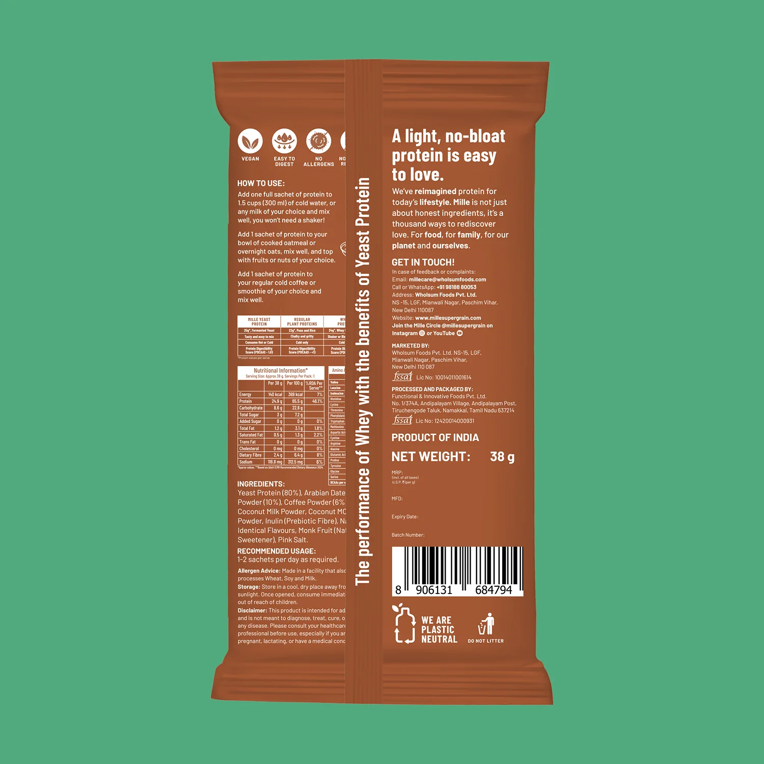 Mille Protein | 25g/Scoop | Coffee-hazelnut | Fermented Yeast Protein | No Bloat I Vegan  | 38g Trial Pack (Pack of 3) - Image 3